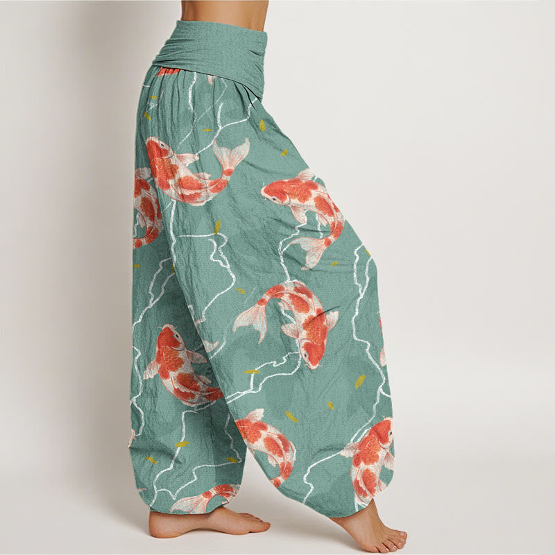 Buddha Stones Red White Koi Fish Pattern Design Women's Elastic Waist Harem Pants - image 7