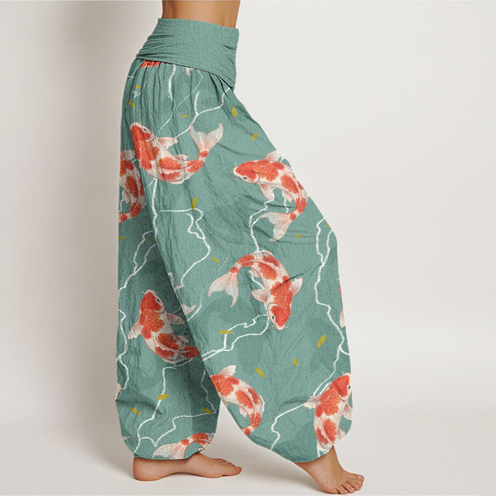 Buddha Stones Red White Koi Fish Pattern Design Women's Elastic Waist Harem Pants - image 7