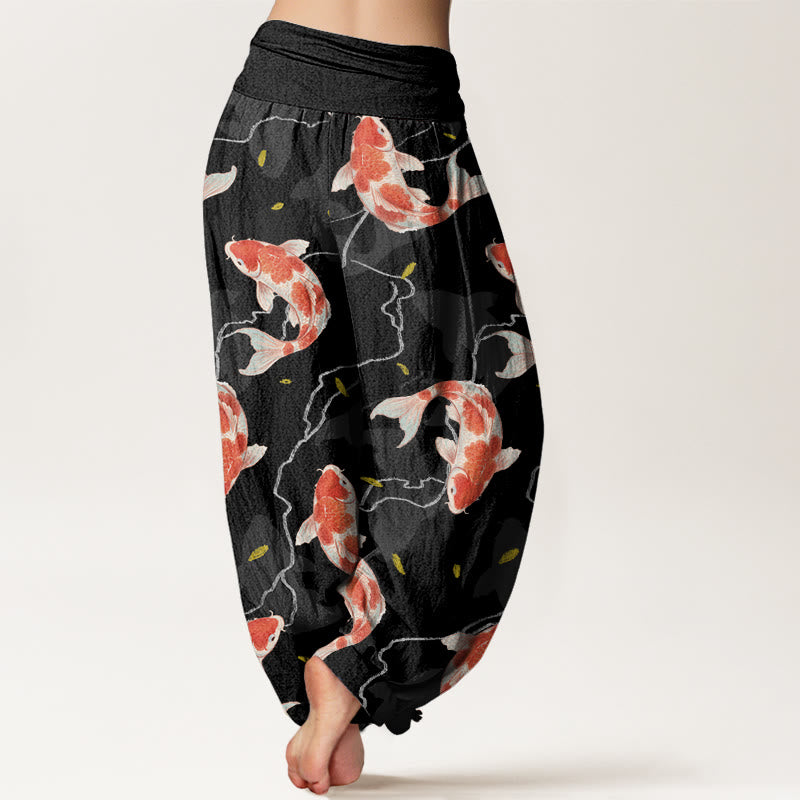Buddha Stones Red White Koi Fish Pattern Design Women's Elastic Waist Harem Pants - image 9