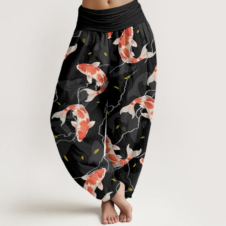 Buddha Stones Red White Koi Fish Pattern Design Women's Elastic Waist Harem Pants - Black - US22,UK/AU26,EU54 (6XL) - image 8