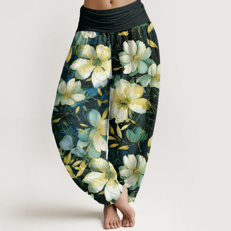 Buddha Stones Creamy White Flowers Pattern Design Women's Elastic Waist Harem Pants - Black - US22,UK/AU26,EU54 (6XL) - image 8
