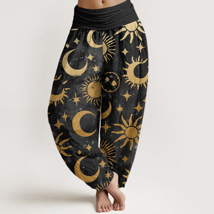 Buddha Stones Crescent Moon Sun Stars Pattern Design Women's Elastic Waist Harem Pants - Black - US22,UK/AU26,EU54 (6XL) - image 1