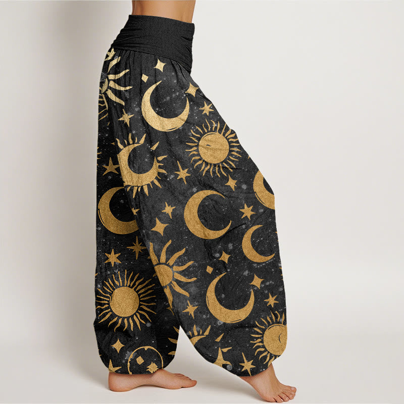 Buddha Stones Crescent Moon Sun Stars Pattern Design Women's Elastic Waist Harem Pants - image 3