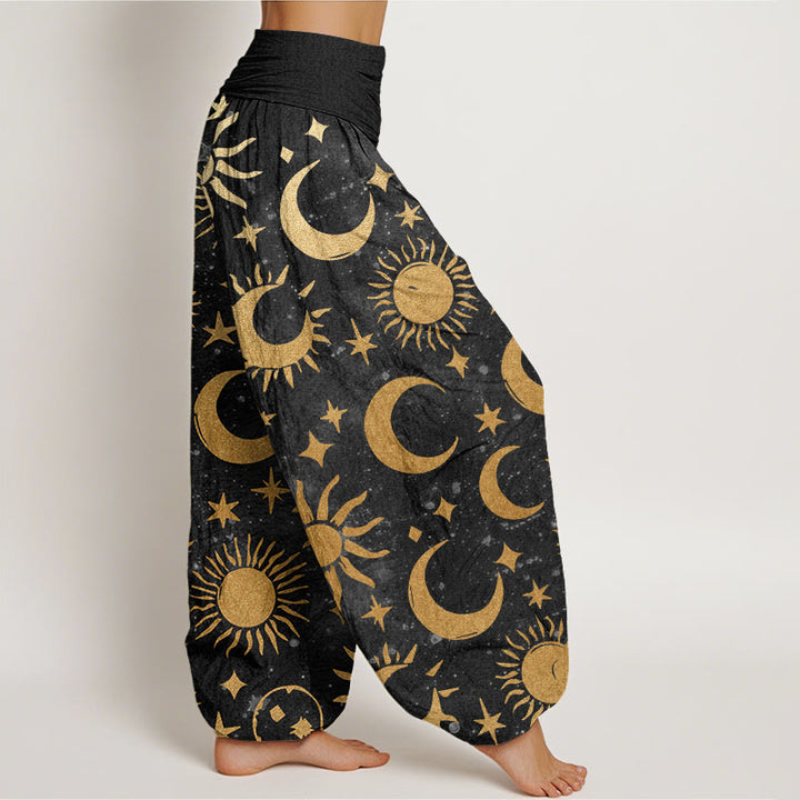 Buddha Stones Crescent Moon Sun Stars Pattern Design Women's Elastic Waist Harem Pants - image 3