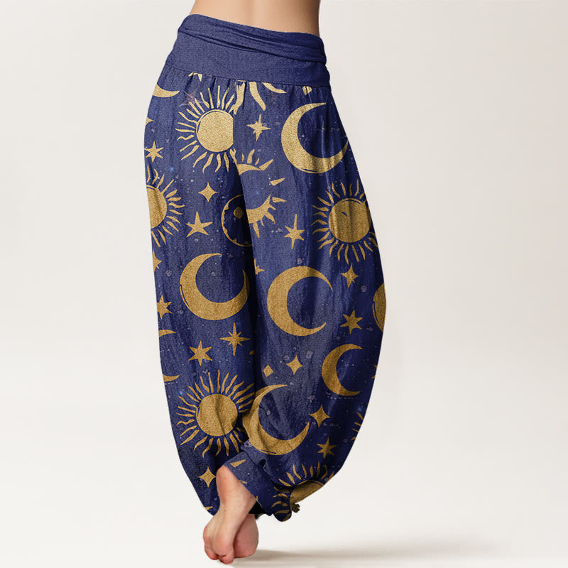 Buddha Stones Crescent Moon Sun Stars Pattern Design Women's Elastic Waist Harem Pants - image 6