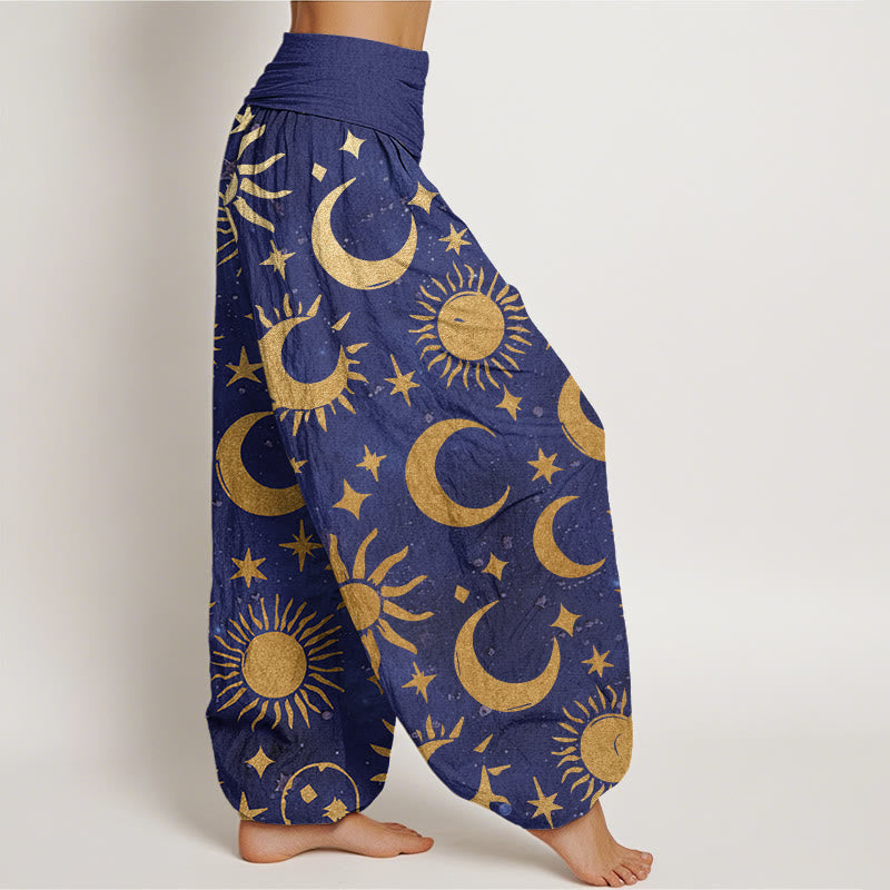Buddha Stones Crescent Moon Sun Stars Pattern Design Women's Elastic Waist Harem Pants - image 7
