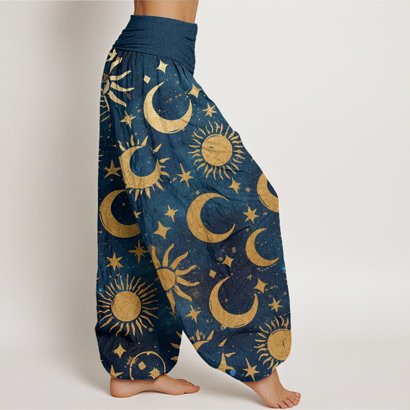 Buddha Stones Crescent Moon Sun Stars Pattern Design Women's Elastic Waist Harem Pants - image 10