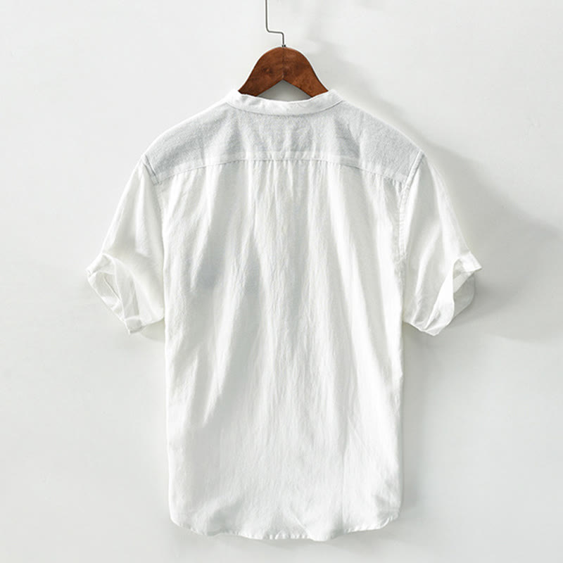 Buddha Stones Color Contrast Half Button Men's Short Sleeve Cotton Linen Shirt With Pocket - image 1