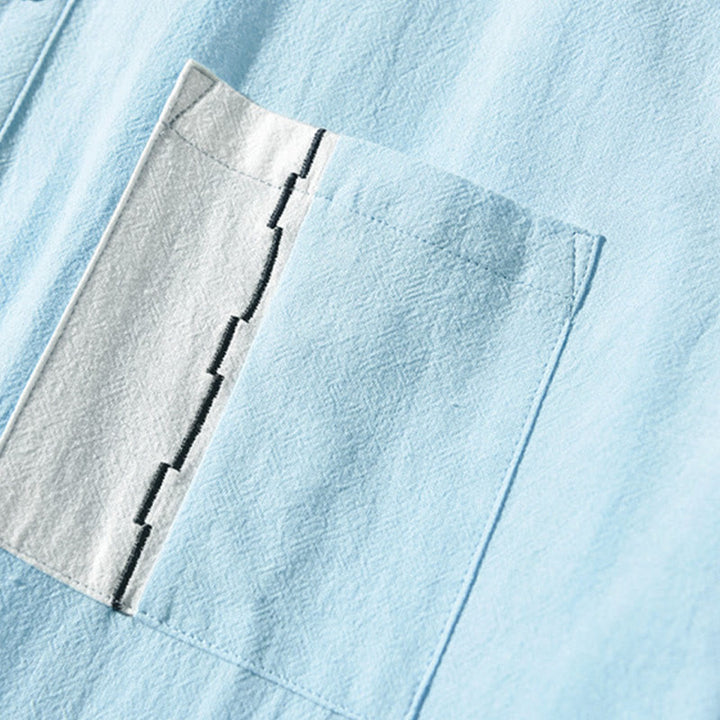 Buddha Stones Color Contrast Half Button Men's Short Sleeve Cotton Linen Shirt With Pocket - image 12