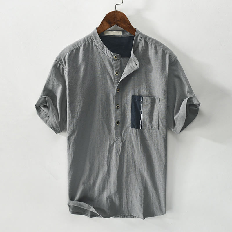 Buddha Stones Color Contrast Half Button Men's Short Sleeve Cotton Linen Shirt With Pocket - Gray - US/UK/AU42,EU52 (3XL) - image 7