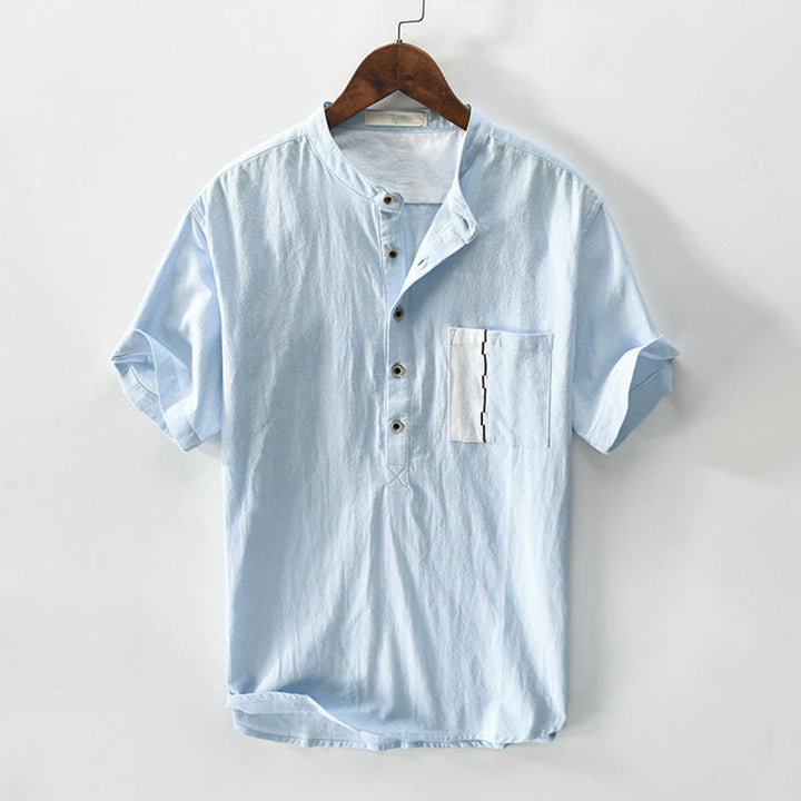 Buddha Stones Color Contrast Half Button Men's Short Sleeve Cotton Linen Shirt With Pocket - LightSkyBlue - US/UK/AU42,EU52 (3XL) - image 10