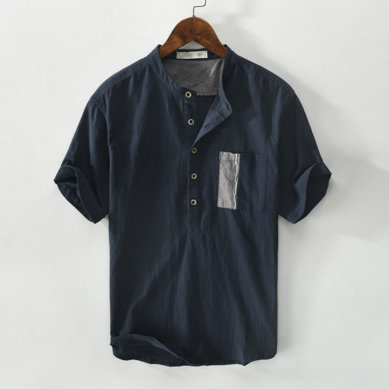 Buddha Stones Color Contrast Half Button Men's Short Sleeve Cotton Linen Shirt With Pocket - MidnightBlue - US/UK/AU42,EU52 (3XL) - image 13