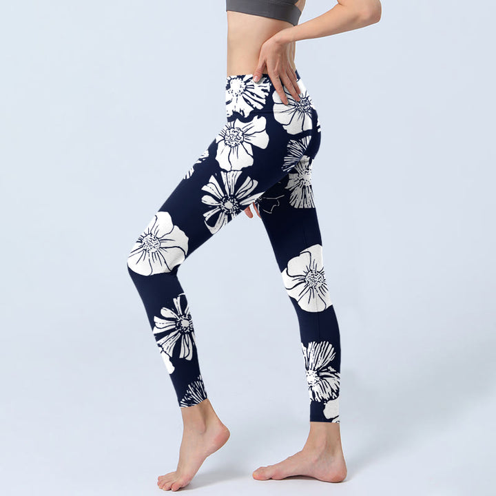 Buddha Stones Large White Petals Plants Pattern Print Gym Leggings Women's Yoga Pants - image 3