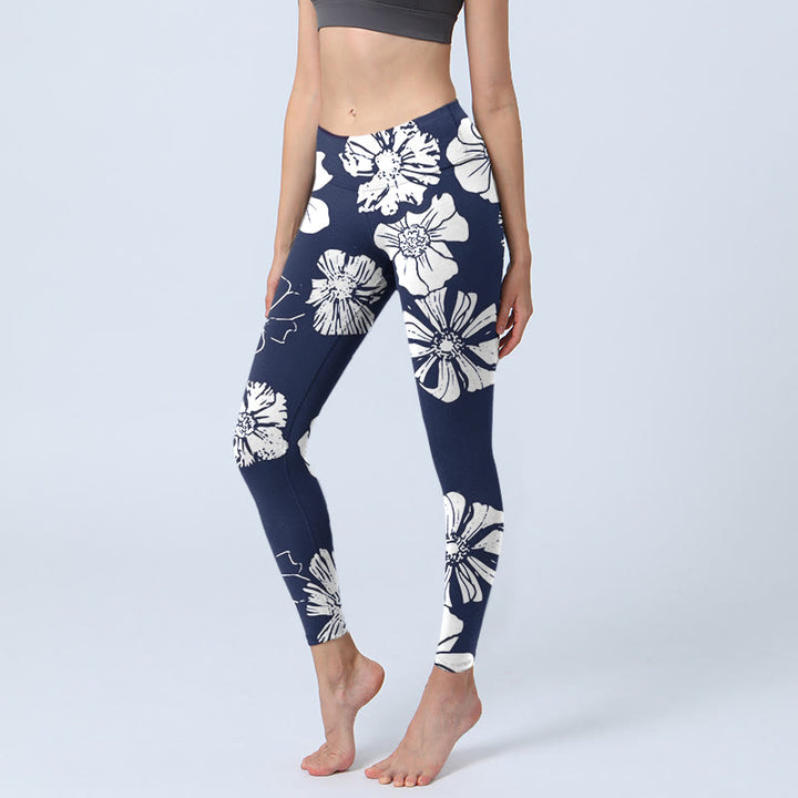 Buddha Stones Large White Petals Plants Pattern Print Gym Leggings Women's Yoga Pants - MidnightBlue - US18,UK/AU22,EU50 (4XL) - image 1