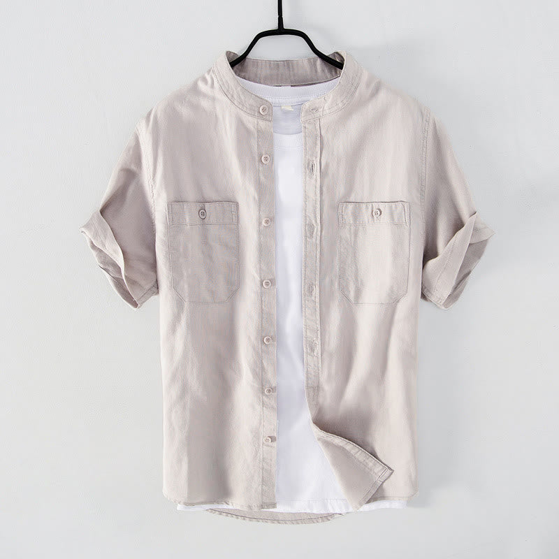 Buddha Stones Casual Daily Simple Buttons Design Stand Collar Men's Short Sleeve Cotton Linen Shirt With Front Pockets - Linen - US/UK/AU42,EU52 (3XL) - image 8