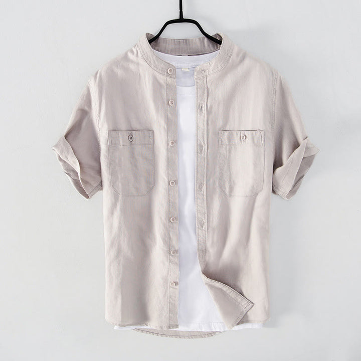 Buddha Stones Casual Daily Simple Buttons Design Stand Collar Men's Short Sleeve Cotton Linen Shirt With Front Pockets - Linen - US/UK/AU42,EU52 (3XL) - image 8