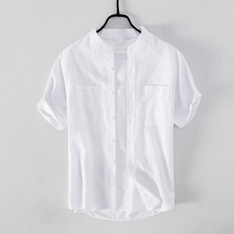 Buddha Stones Casual Daily Simple Buttons Design Stand Collar Men's Short Sleeve Cotton Linen Shirt With Front Pockets - White - US/UK/AU42,EU52 (3XL) - image 1
