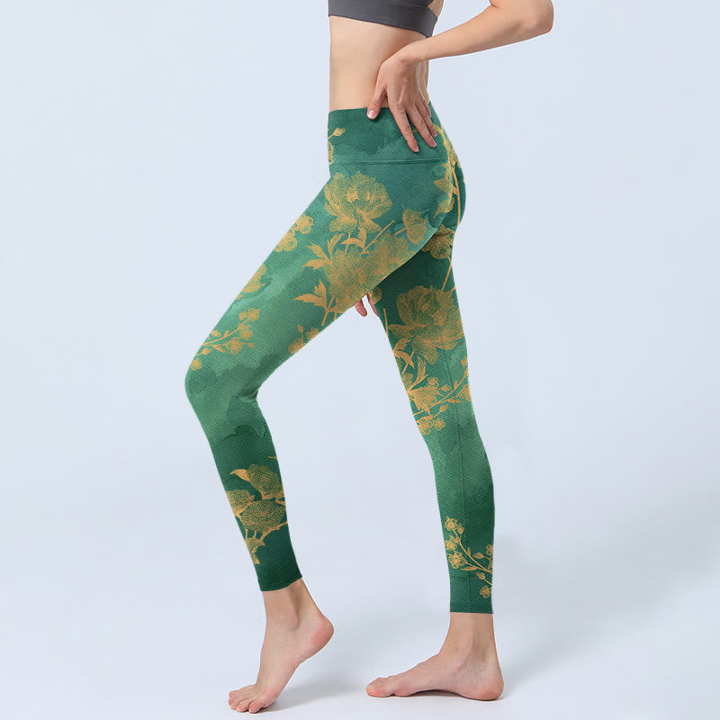 Buddha Stones Green Background Golden Branches Peony Flowers Pattern Print Gym Leggings Women's Yoga Pants - image 3