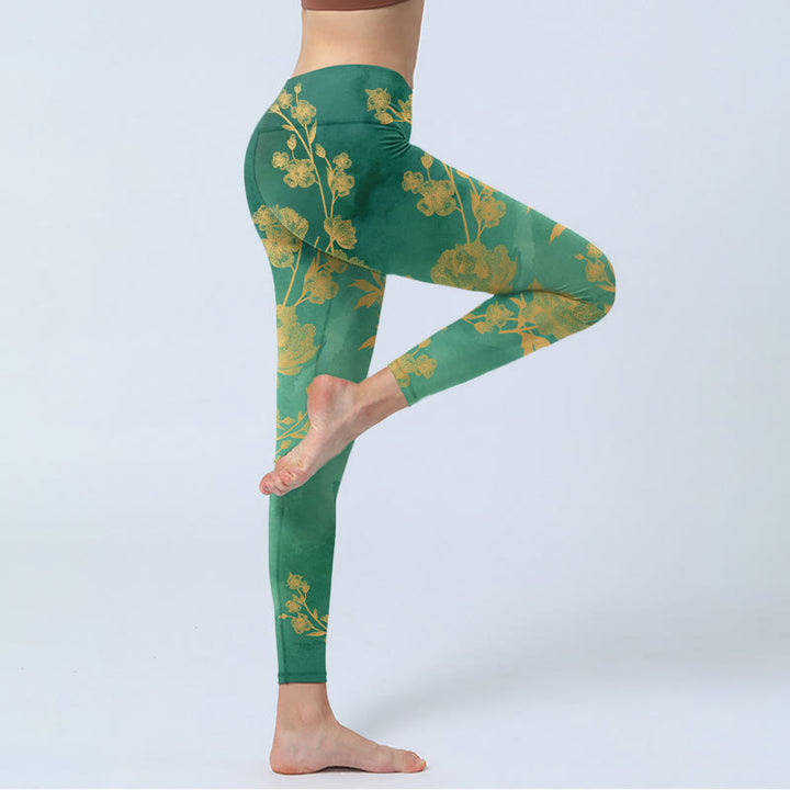 Buddha Stones Green Background Golden Branches Peony Flowers Pattern Print Gym Leggings Women's Yoga Pants - image 4