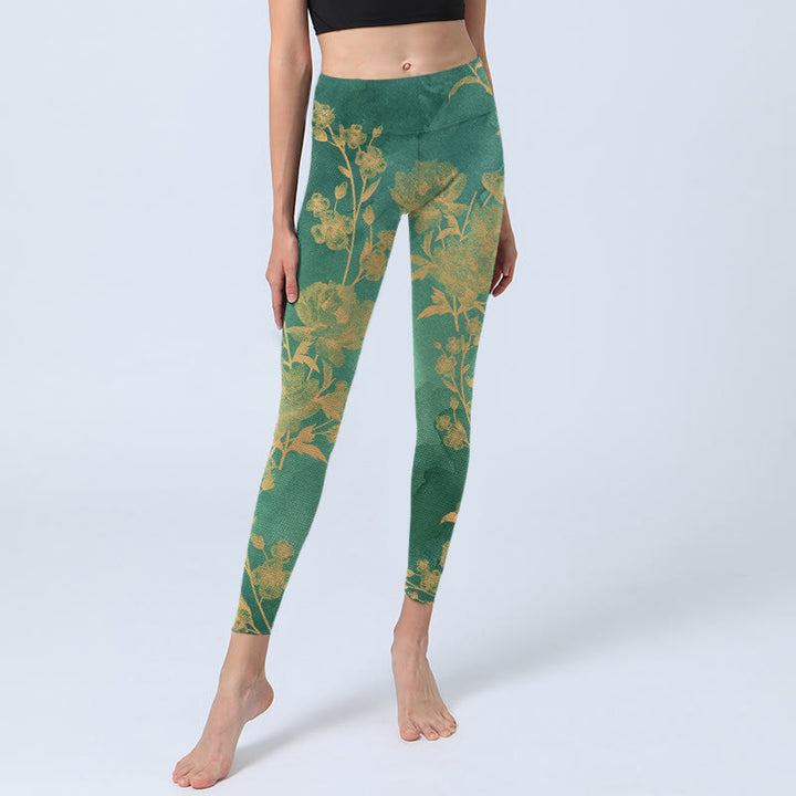Buddha Stones Green Background Golden Branches Peony Flowers Pattern Print Gym Leggings Women's Yoga Pants - image 6