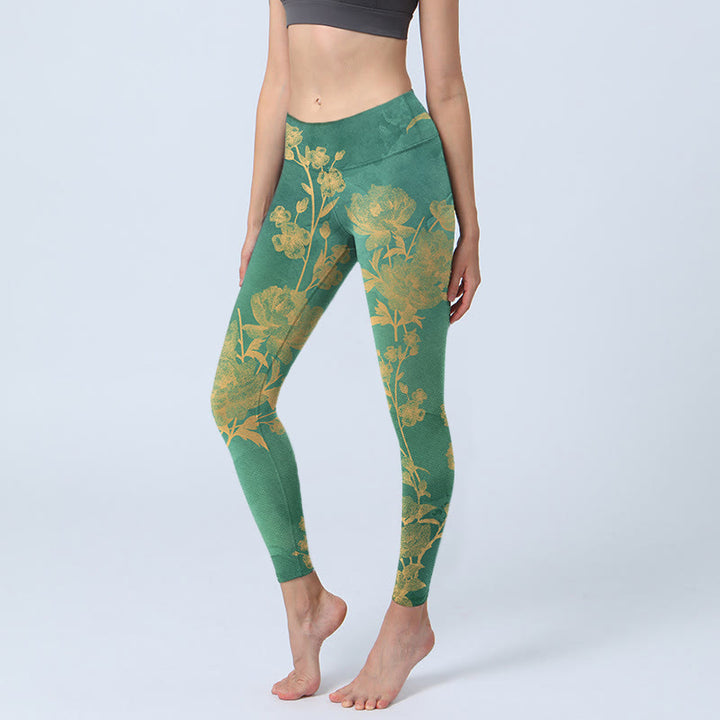 Buddha Stones Green Background Golden Branches Peony Flowers Pattern Print Gym Leggings Women's Yoga Pants - MediumSeaGreen - US18,UK/AU22,EU50 (4XL) - image 1