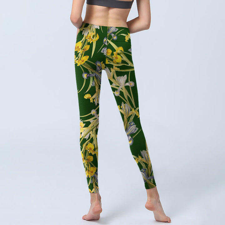 Buddha Stones Green Iris Pattern Print Gym Leggings Women's Yoga Pants - image 7