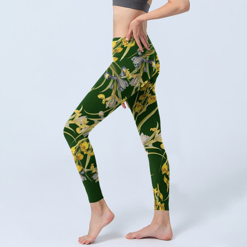 Buddha Stones Green Iris Pattern Print Gym Leggings Women's Yoga Pants - image 3