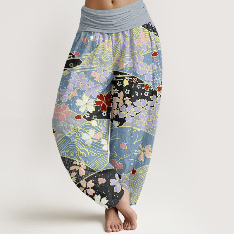 Buddha Stones Colorful Flowers Fan-shaped Pattern Design Women's Elastic Waist Harem Pants - LightCyan - US22,UK/AU26,EU54 (6XL) - image 5