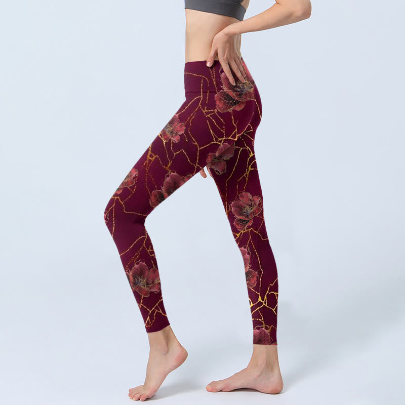 Buddha Stones Red Petals Golden Lines Pattern Print Gym Leggings Women's Yoga Pants - image 3