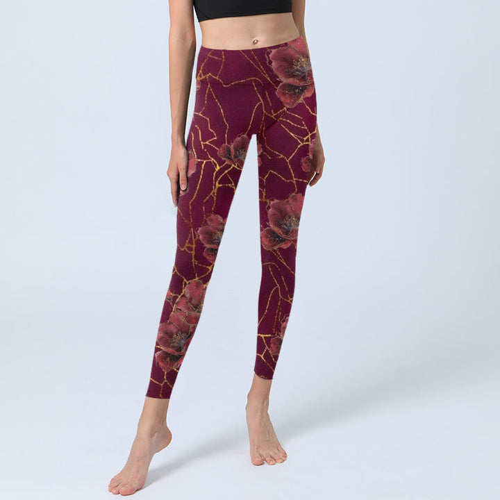 Buddha Stones Red Petals Golden Lines Pattern Print Gym Leggings Women's Yoga Pants - image 6