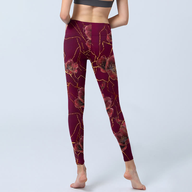 Buddha Stones Red Petals Golden Lines Pattern Print Gym Leggings Women's Yoga Pants - image 7