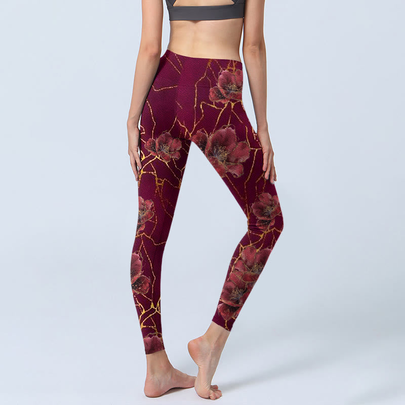 Buddha Stones Red Petals Golden Lines Pattern Print Gym Leggings Women's Yoga Pants - image 5