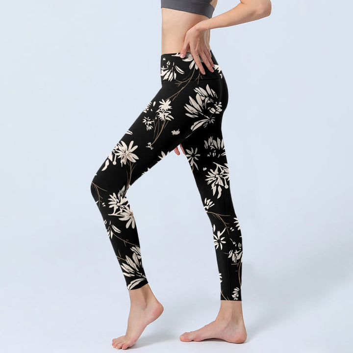 Buddha Stones Black White Petals Pattern Print Gym Leggings Women's Yoga Pants - image 3