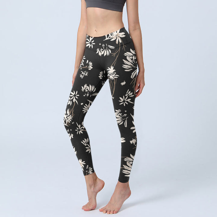 Buddha Stones Black White Petals Pattern Print Gym Leggings Women's Yoga Pants - Black - US18,UK/AU22,EU50 (4XL) - image 1