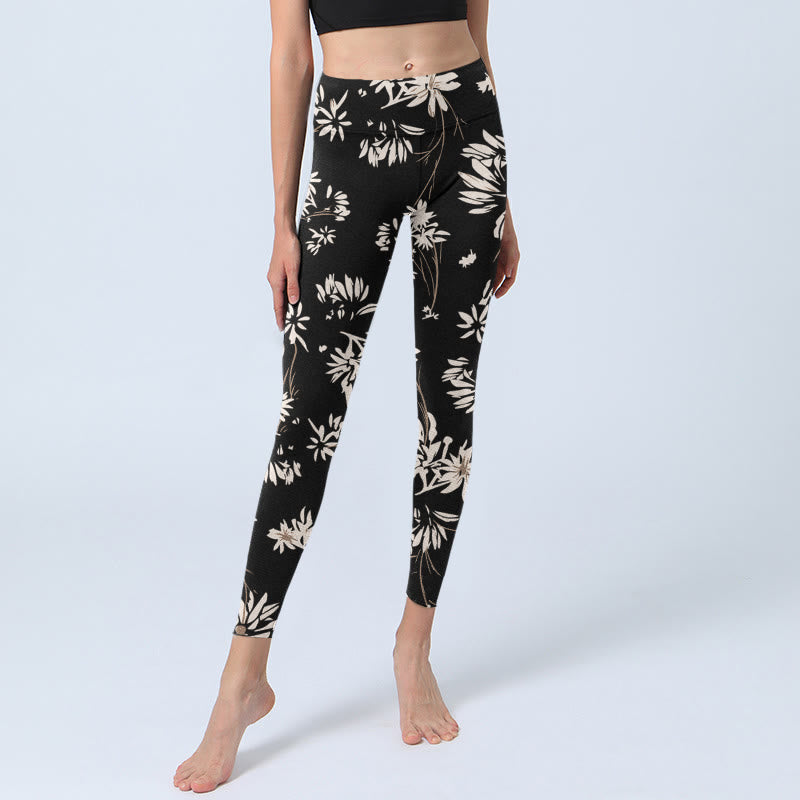Buddha Stones Black White Petals Pattern Print Gym Leggings Women's Yoga Pants - image 6