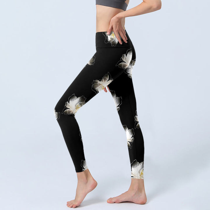 Buddha Stones Black White Lotus Petals Pattern Print Gym Leggings Women's Yoga Pants - image 3