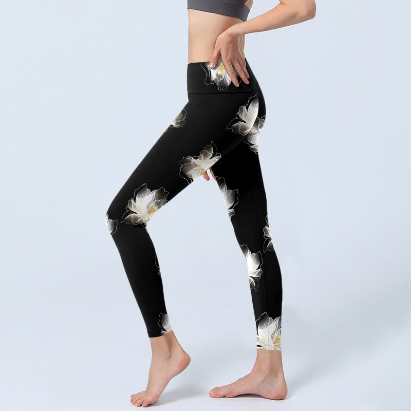 Buddha Stones Black White Lotus Petals Pattern Print Gym Leggings Women's Yoga Pants - image 3