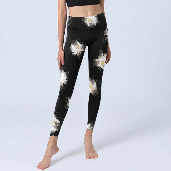 Buddha Stones Black White Lotus Petals Pattern Print Gym Leggings Women's Yoga Pants - image 7