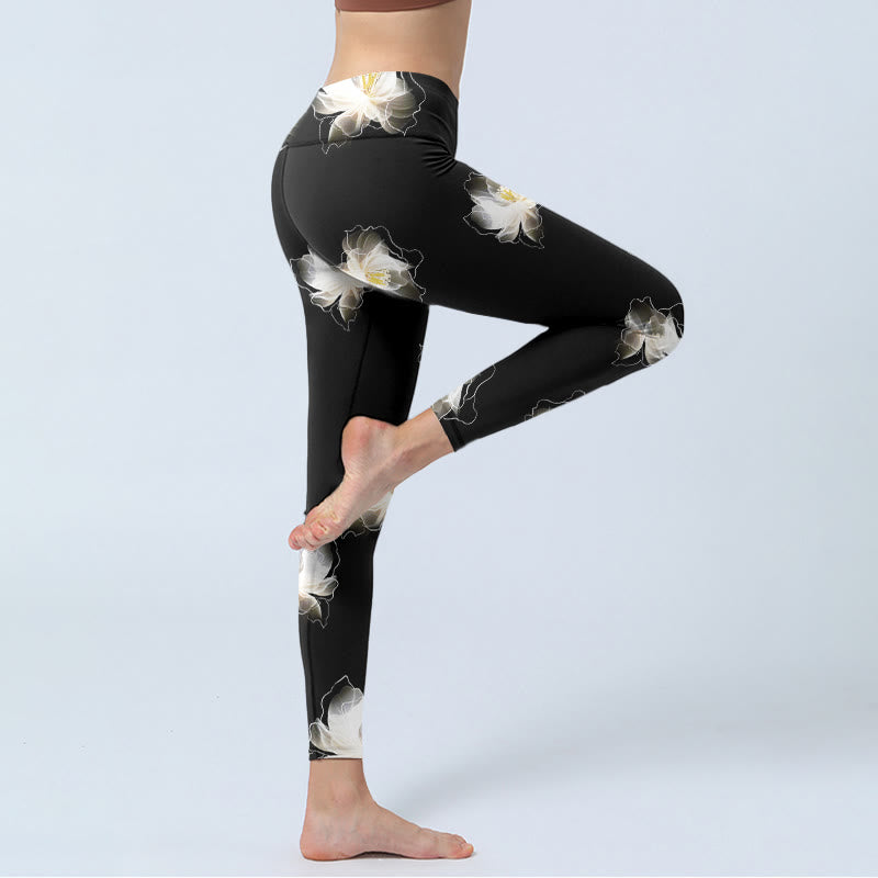 Buddha Stones Black White Lotus Petals Pattern Print Gym Leggings Women's Yoga Pants - image 4