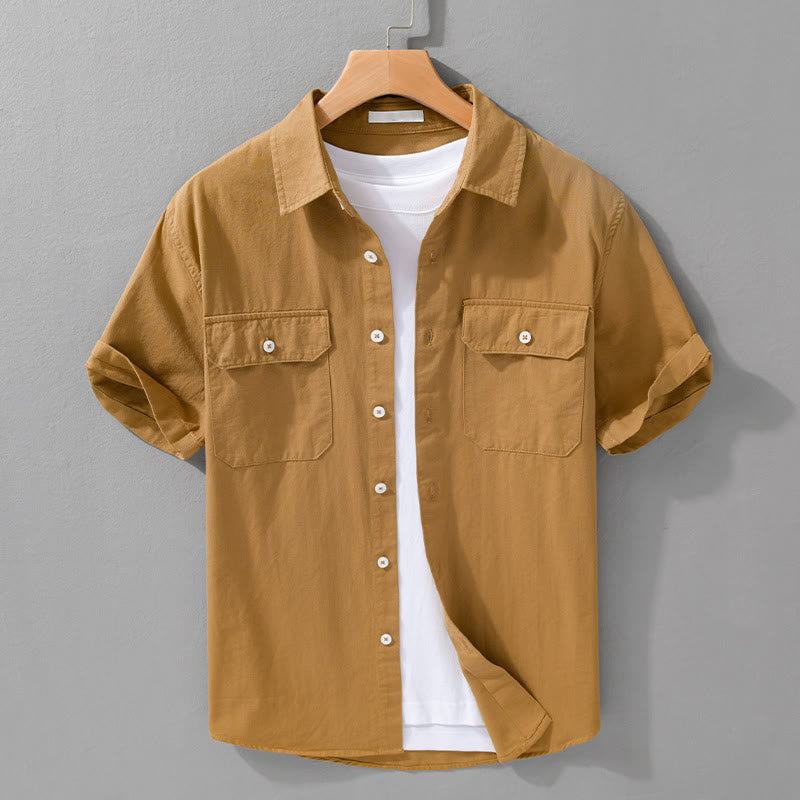 Buddha Stones Daily Pure Color Lapel Men's Short Sleeve Cotton Linen Shirt With Pockets - Goldenrod - US/UK/AU42,EU52 (3XL) - image 13