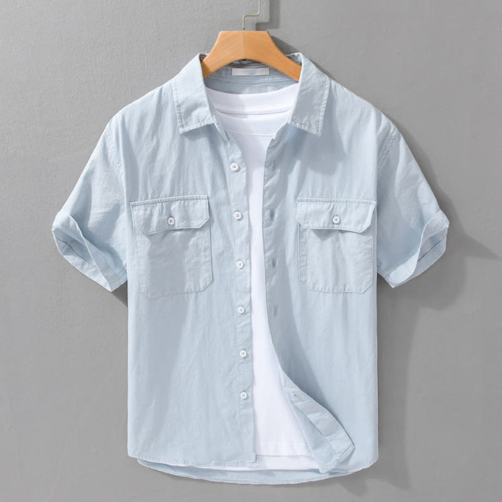 Buddha Stones Daily Pure Color Lapel Men's Short Sleeve Cotton Linen Shirt With Pockets - LightBlue - US/UK/AU42,EU52 (3XL) - image 2