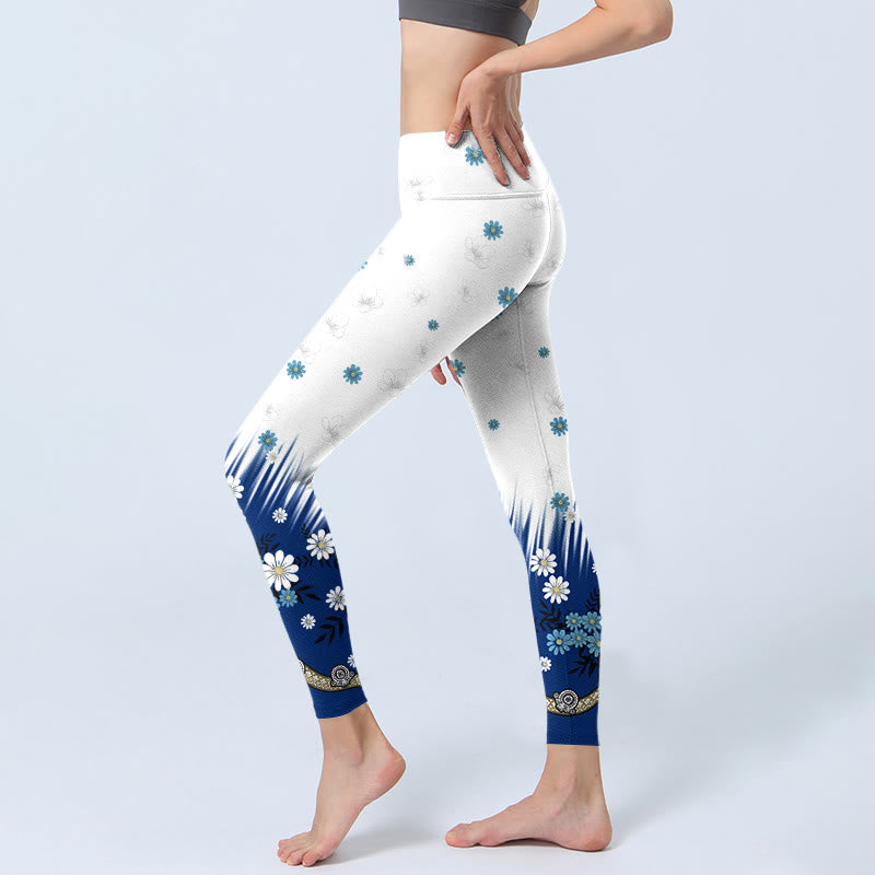 Buddha Stones White Flowers Grass Leaves Pattern Print Gym Leggings Women's Yoga Pants - image 3