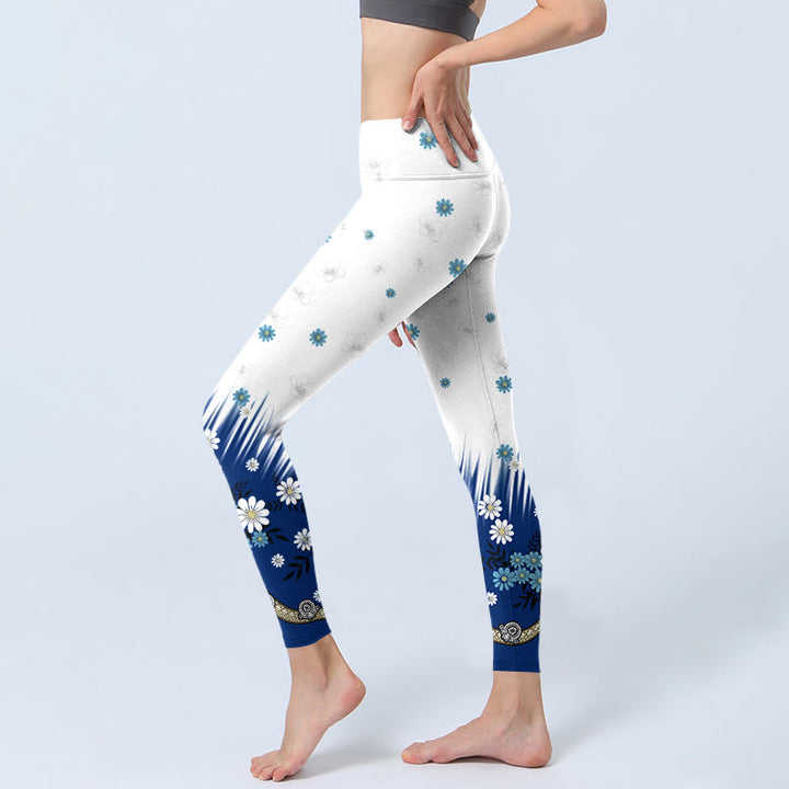 Buddha Stones White Flowers Grass Leaves Pattern Print Gym Leggings Women's Yoga Pants - image 3