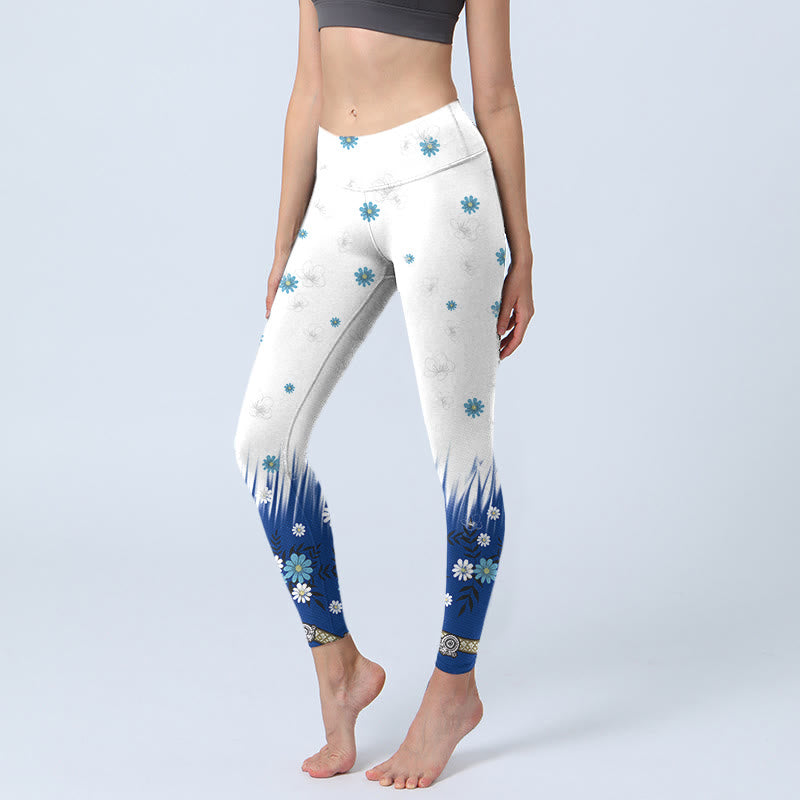 Buddha Stones White Flowers Grass Leaves Pattern Print Gym Leggings Women's Yoga Pants - Snow - US18,UK/AU22,EU50 (4XL) - image 1