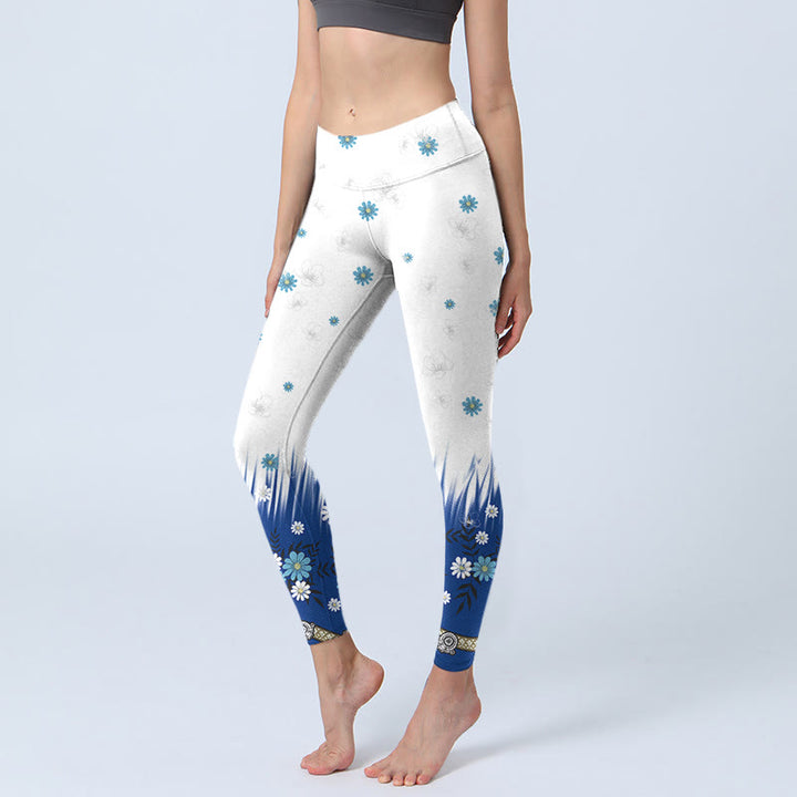 Buddha Stones White Flowers Grass Leaves Pattern Print Gym Leggings Women's Yoga Pants - Snow - US18,UK/AU22,EU50 (4XL) - image 1