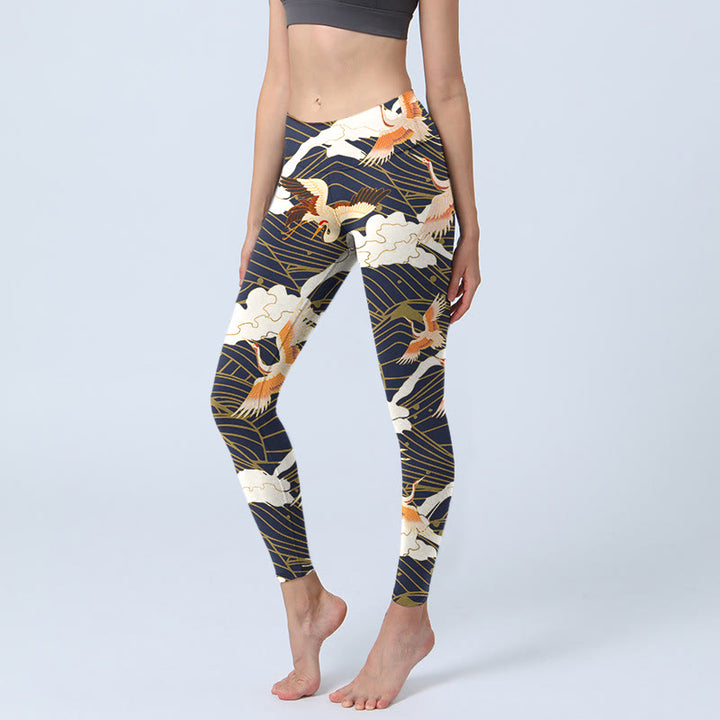 Buddha Stones Red-crowned Cranes Cloud Sea Wave Pattern Print Gym Leggings Women's Yoga Pants - Black - US18,UK/AU22,EU50 (4XL) - image 1