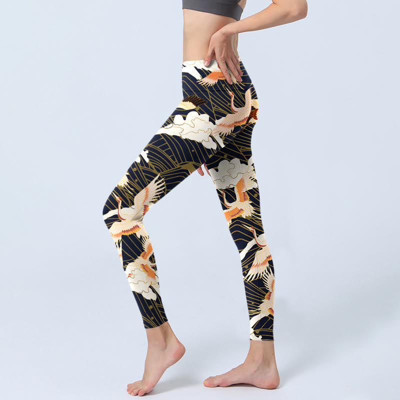 Buddha Stones Red-crowned Cranes Cloud Sea Wave Pattern Print Gym Leggings Women's Yoga Pants - image 3