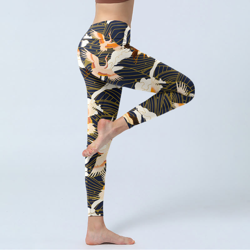 Buddha Stones Red-crowned Cranes Cloud Sea Wave Pattern Print Gym Leggings Women's Yoga Pants - image 4
