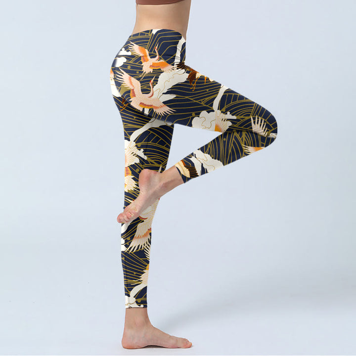 Buddha Stones Red-crowned Cranes Cloud Sea Wave Pattern Print Gym Leggings Women's Yoga Pants - image 4