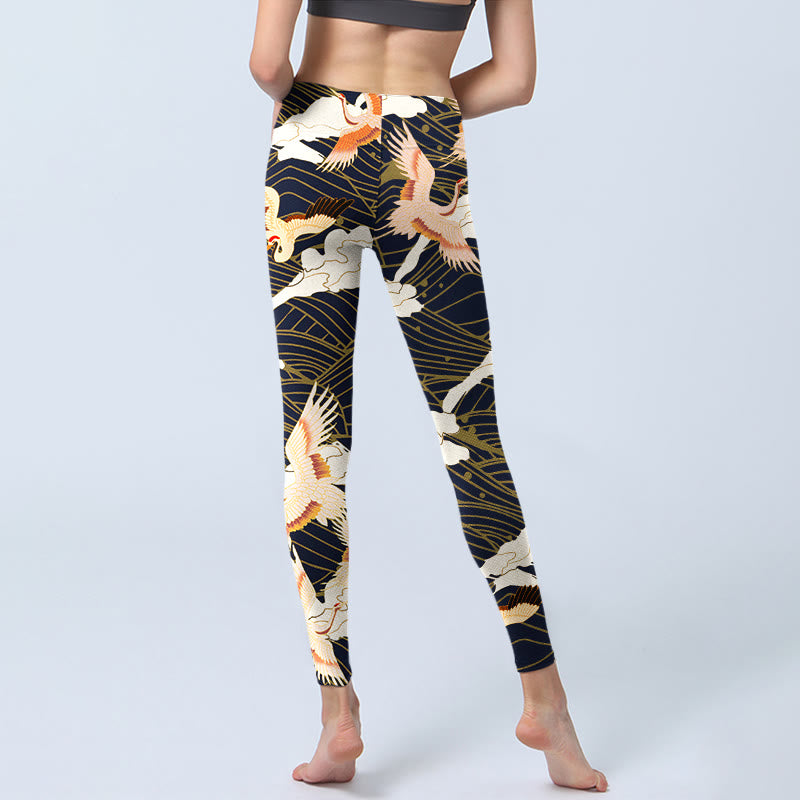 Buddha Stones Red-crowned Cranes Cloud Sea Wave Pattern Print Gym Leggings Women's Yoga Pants - image 7